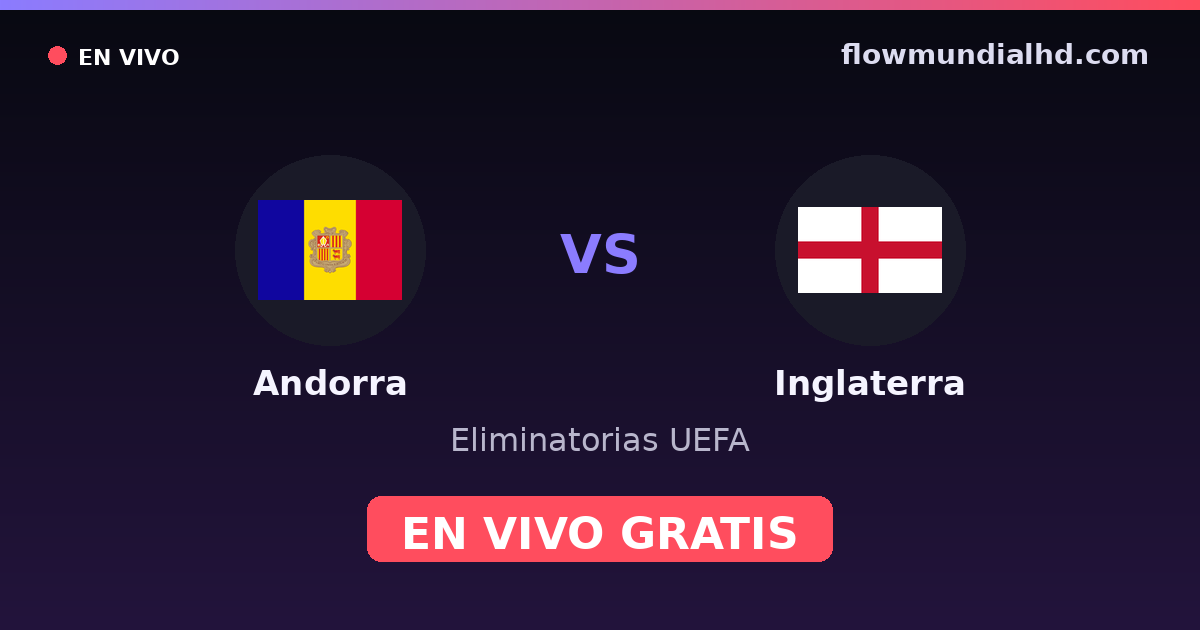 Andorra vs Inglaterra — Eliminatorias UEFA · historial y dónde ver en vivo gratis en FlowMundial HD
