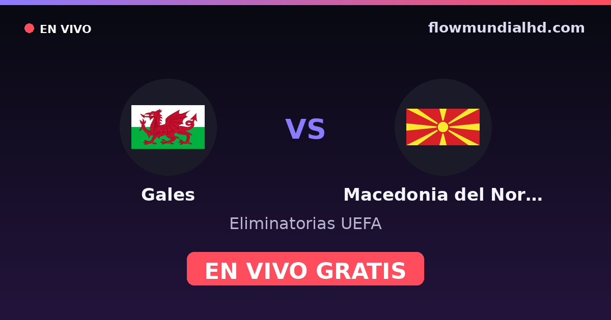 Gales vs Macedonia del Norte — Eliminatorias UEFA · historial y dónde ver en vivo gratis en FlowMundial HD